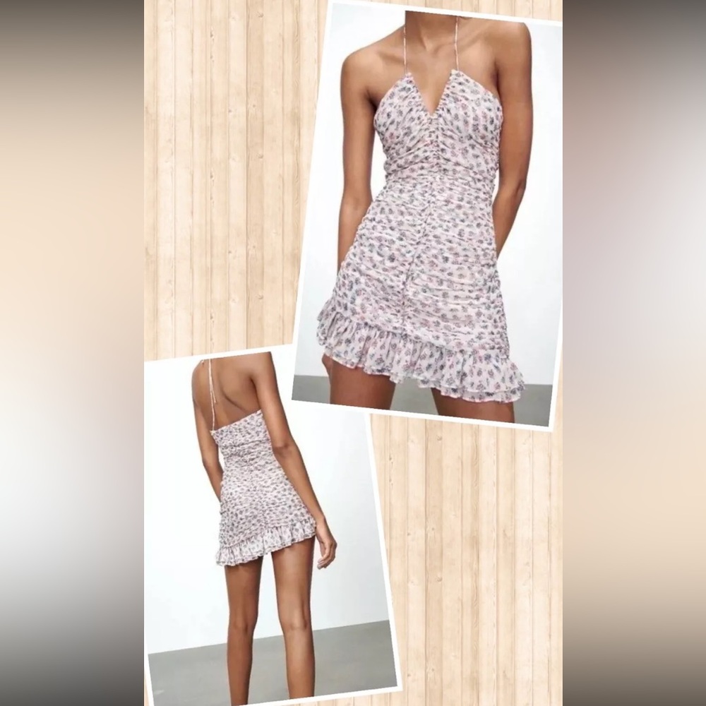 NWT ZARA Metallic Thread Draped Ruched Floral Printed Halter Mini Dress S